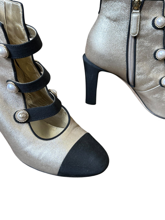 Chanel, Y2K gold and black heeled pearl button shoes