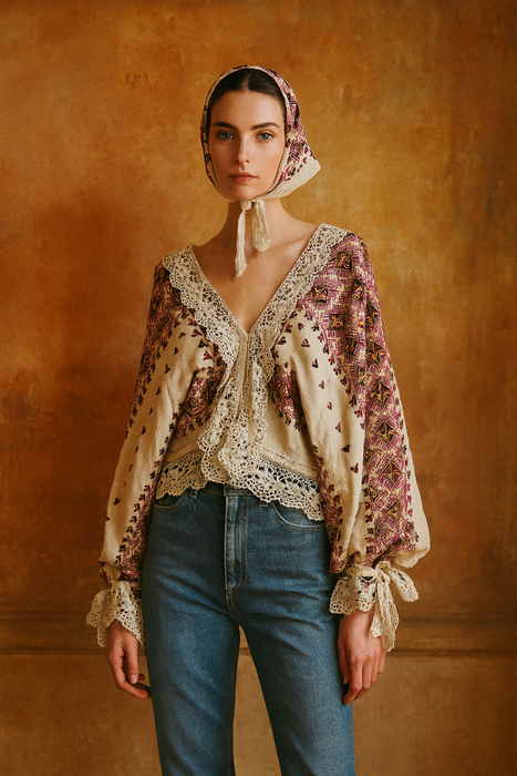 Claude, reworked antique Romanian embroidered and lace blouse