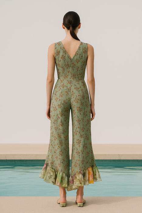 Heidi, reworked 40s floral chiffon jumpsuit with frills