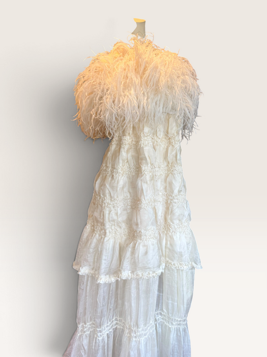 Bodie, vintage white ostrich feather and Victorian silk ruffle skirt