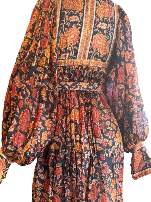 Anchor, 70s silk Indian block print balloon sleeves belted dress