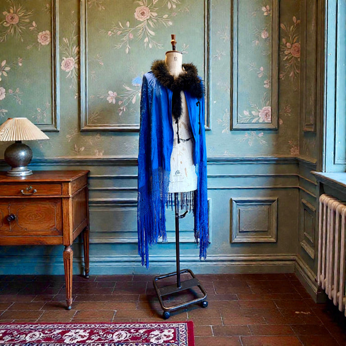 Sasha, 40s cobalt blue embroidered piano shawl feather fringed cape