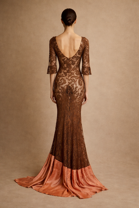 Arlo, 1930s burnt orange lace bias cut dress with Edwardian metallic embroidery and hand made silk florals