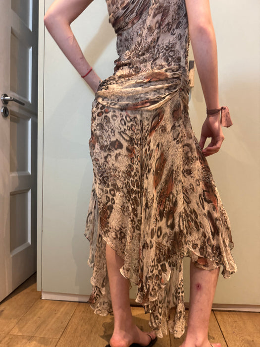 Plato, Vintage animal print draped silk chiffon asymmetric dress