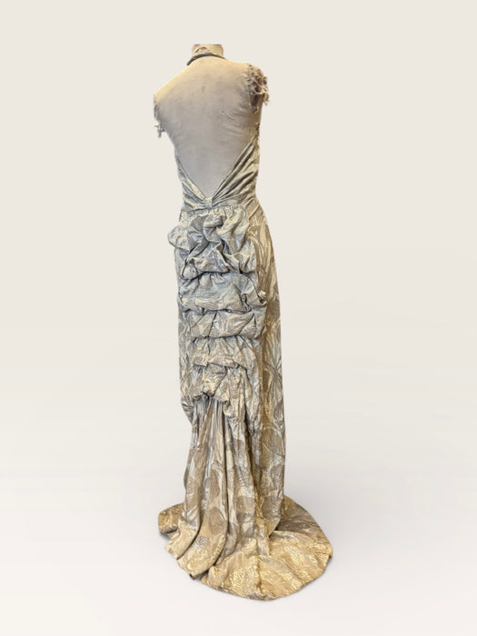 Monica, 20s silver floral lamé dress with bustle train