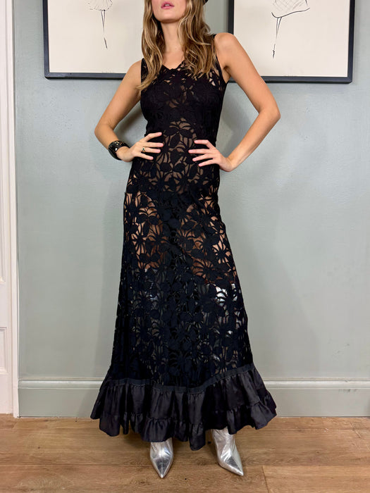 Claude, 30s black lace bias cut dress