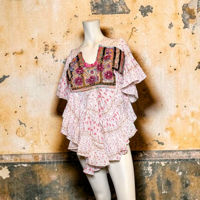Blaze, 1940s floral cotton tunic with antique Indian embroidery