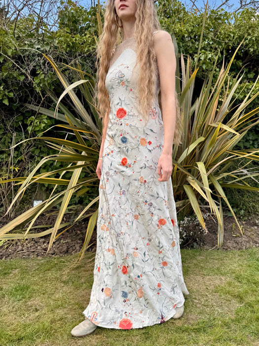 Caprice, reworked 40s silk embroidered floral shawl dress