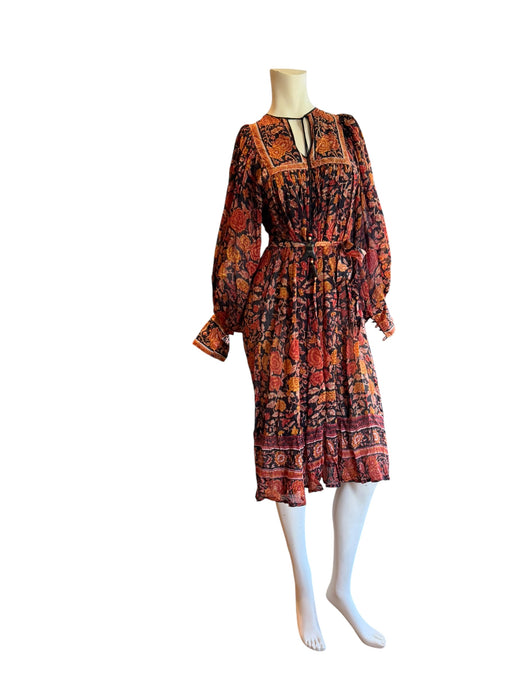 Anchor, 70s silk Indian block print balloon sleeves belted dress