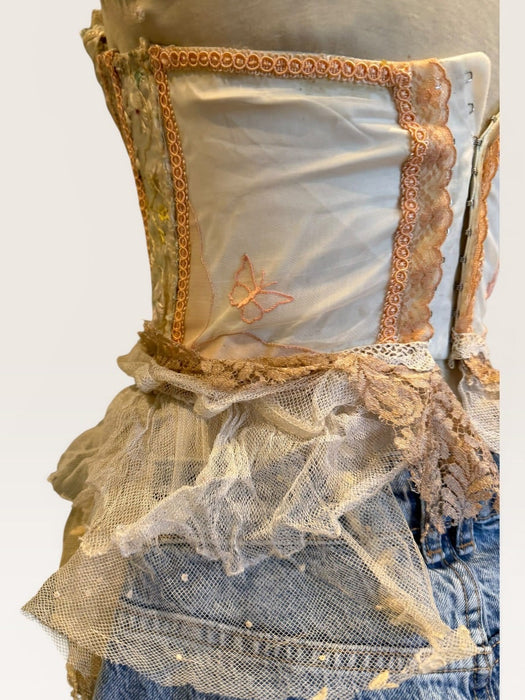 Mirabelle, repurposed 60s  corset with French organza, lace and floral embroidery