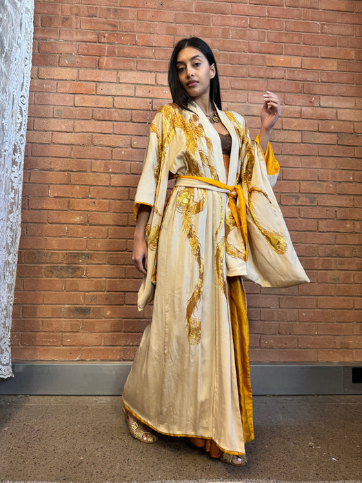 Viking, 40s cream silk and gold Phoenix embroidered kimono