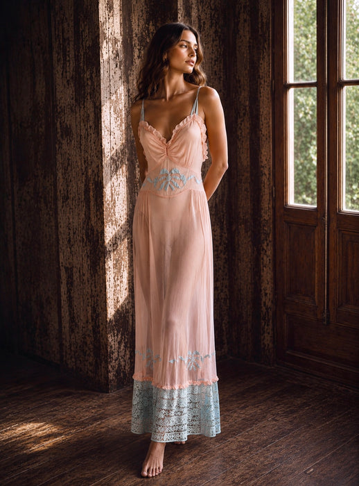 Estelle, 1930s pink and blue silk and lace smocked dress