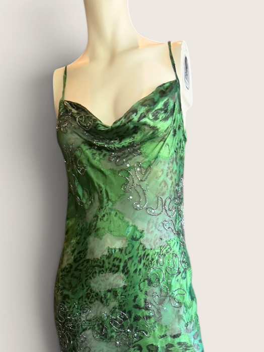Lola, 90s beaded bias cut asymmetrical animal print dress
