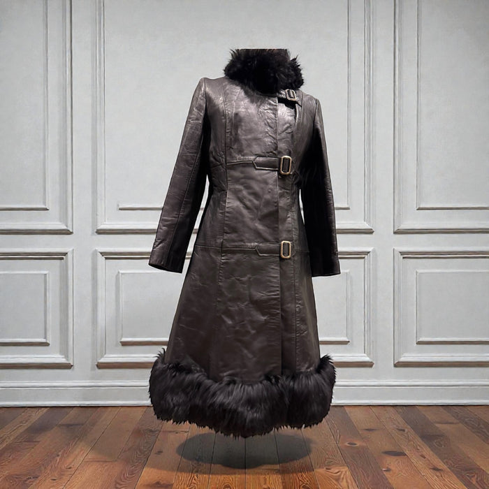 Ali, 70s original black leather and faux fur buckle coat