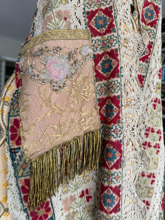 Chiara, 19th C Greek hand woven embroidered waistcoat with a faux fur collar and beaded side pocket
