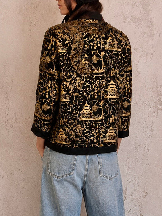 Pagoda, 1930s Chinese embroidered silk jacket with metallic gold embroidery