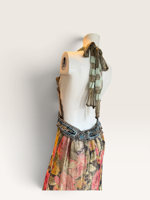 Dray, reworked 1920s floral lamé and metallic dress with glass black jet beaded fringed waistband