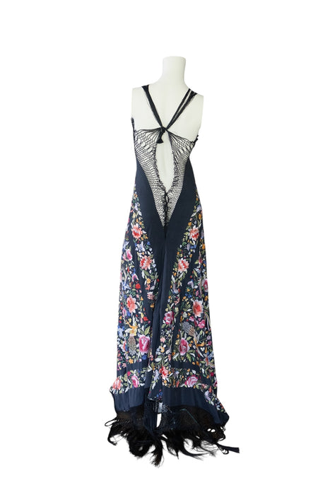 Avens, 40s reworked floral embroidered fringed scarf dress