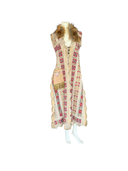 Chiara, 19th C Greek hand woven embroidered waistcoat with a faux fur collar and beaded side pocket