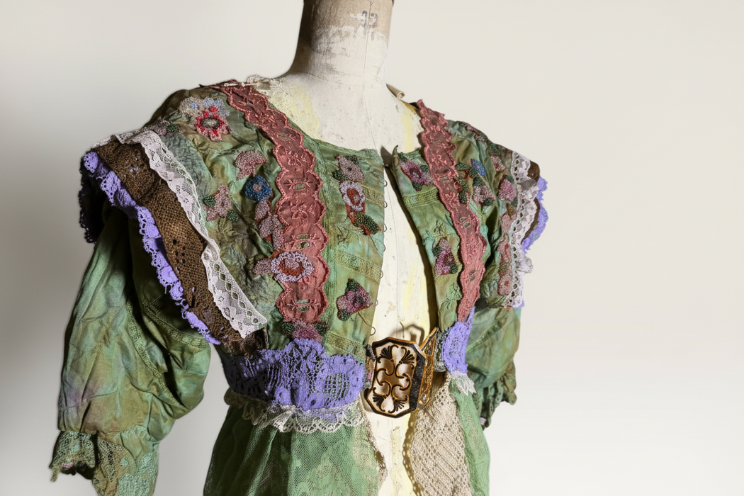 Monique, reworked Victorian hand dyed cotton and beaded lace jacket with art deco clasp