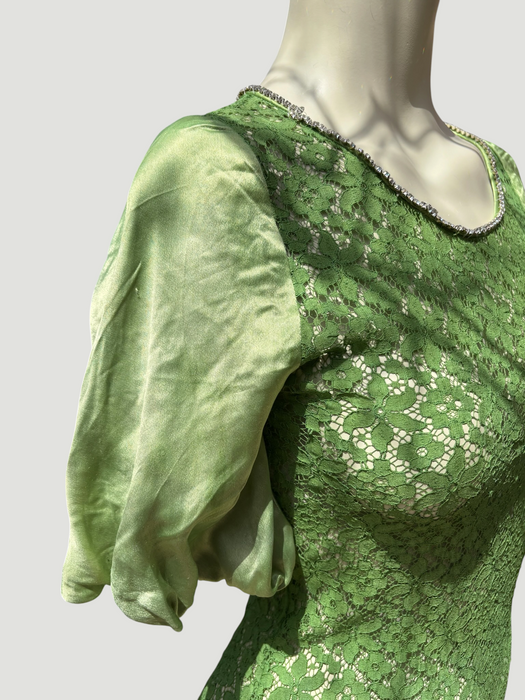 Astrid, 1930s silk and lace green hand dyed bias cut dress with rhinestone details
