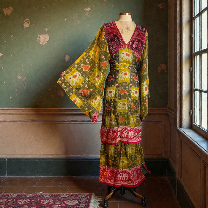 Thea Porter, Couture 70s silk print angel sleeve tiered dress