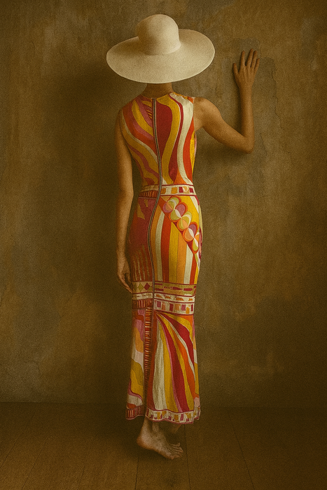 Pucci, 70s documented silk jersey print long dress with front zip