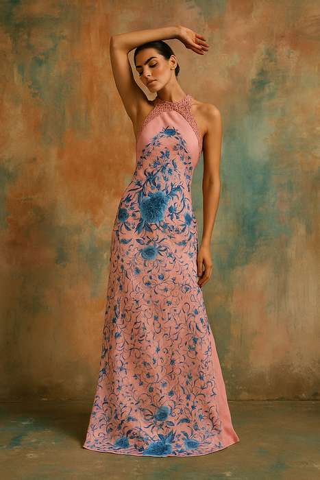 Lali, reworked 40s pink and blue fringed piano shawl embroidered dress