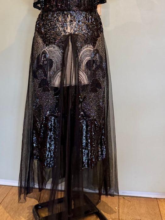 Megan, original 20s black sequins and net dress dress with beaded belt