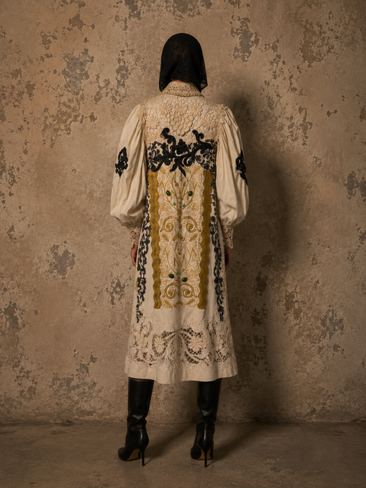 Veronica, reworked Edwardian cream and lace wool coat with gold thread beading