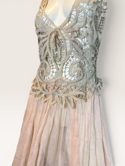 Rosa, reworked Victorian tape-work cream top and pink organza tiered skirt