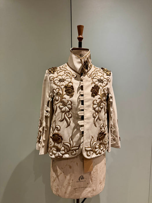 Jean-Louis Sherrer, 80s couture lather nappa cream leather jacket with gold thread quilted embroidery