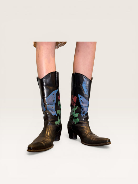 Dallas, 70s black leather hand painted cowboy boots