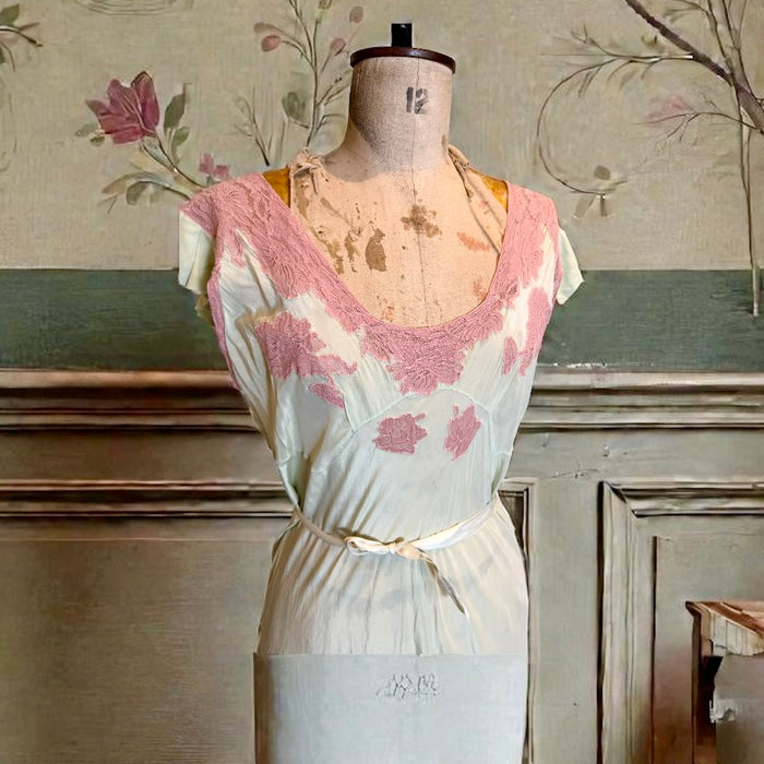 Apoline, 30s bias cut mint green and pink lace silk slip dress