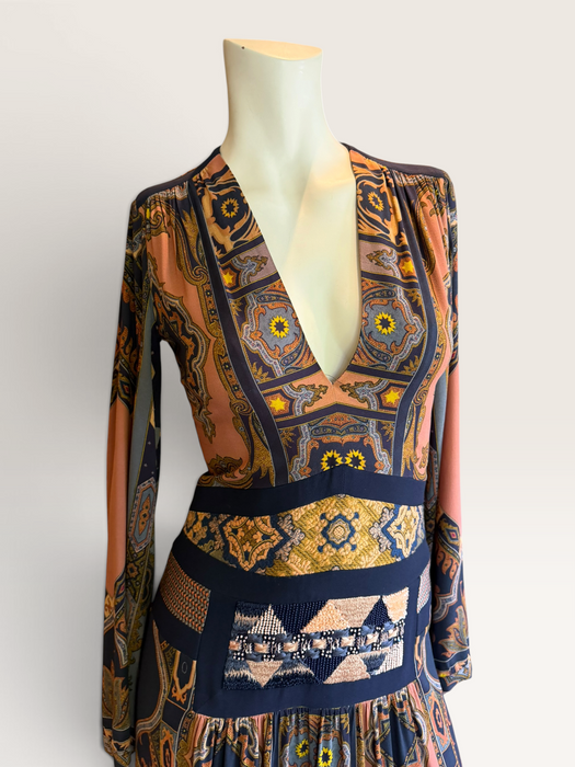 Etro, Fall 2015, runway geometric print beaded long jersey dress
