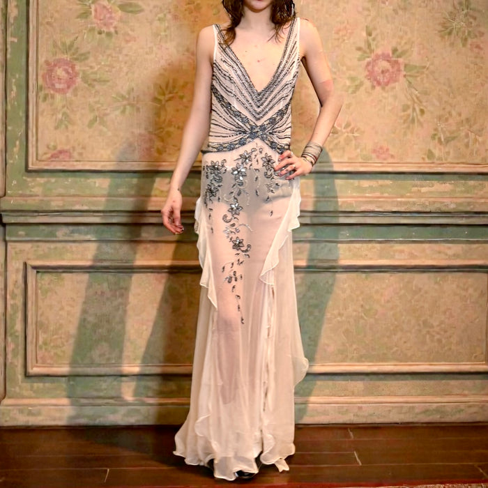 Bettina, 90s silk chiffon beaded bias cut frill dress