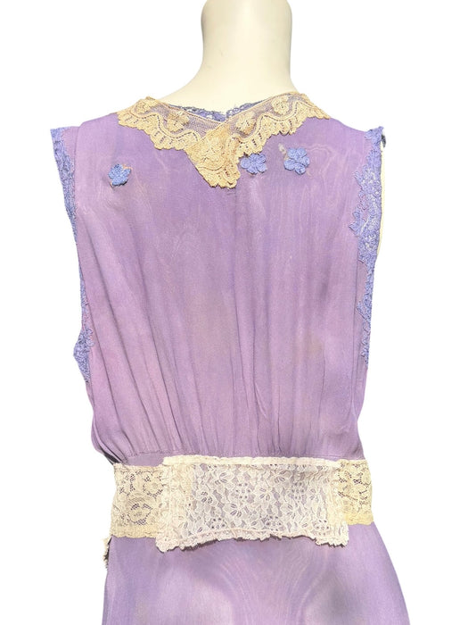 Lavender, 1930s hand dyed silk and lace dress with lace ribbon inserts