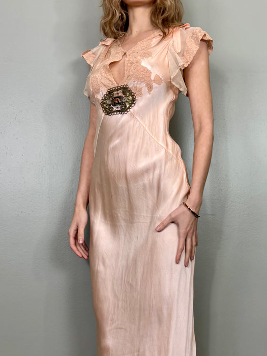 Aura, 30s light pink silk, lace and net frill dress