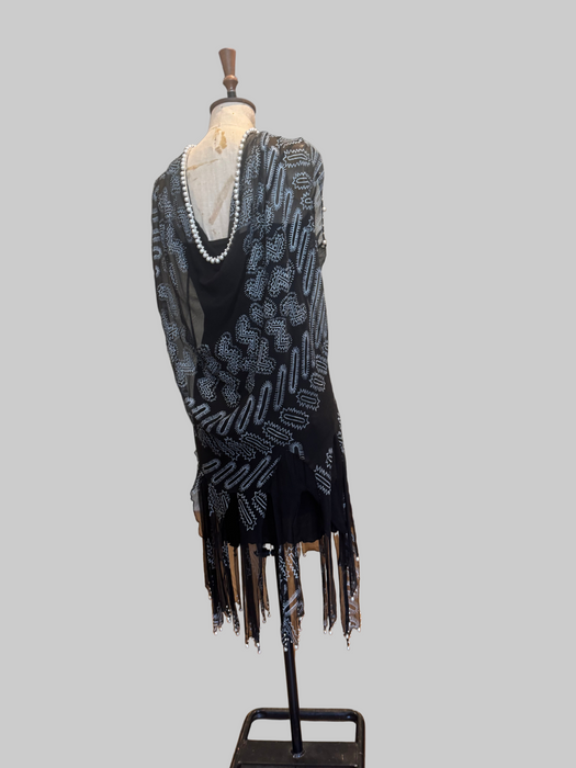 Zandra Rhodes, Rare 70s navy print silk slip and ribbon beaded dress with pearl trim