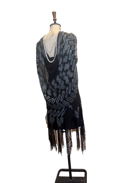 Zandra Rhodes, Rare 70s navy print silk slip and ribbon beaded dress with pearl trim