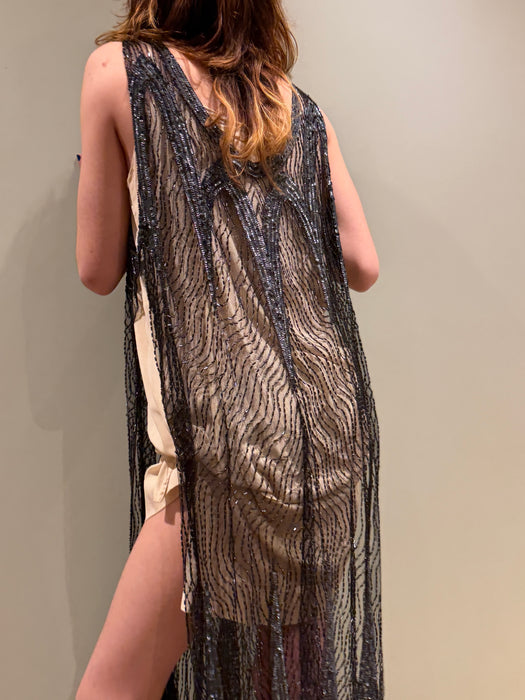 Kray, 20s black beaded scalloped tabard dress