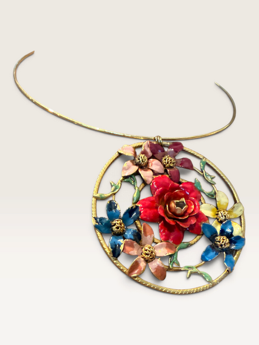 Jasmir, hand painted Victorian floral circular pendant on a thin gold choker