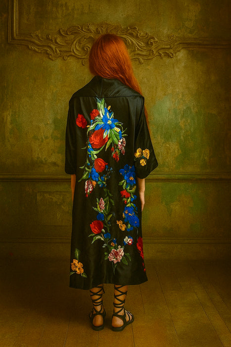 Fable, 20s silk black cocoon floral coat