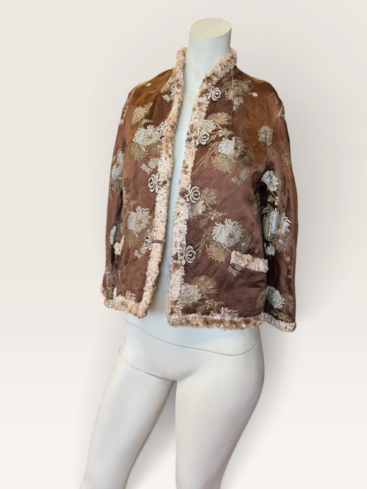 Edina, 70s Oriental camel silk damask teddy lined jacket