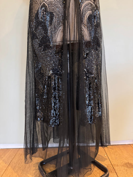 Megan, original 20s black sequins and net dress dress with beaded belt