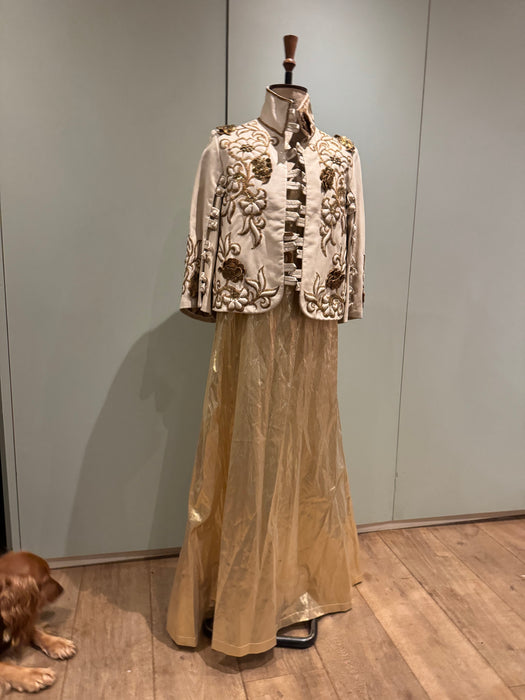 Jean-Louis Sherrer, 80s couture lather nappa cream leather jacket with gold thread quilted embroidery