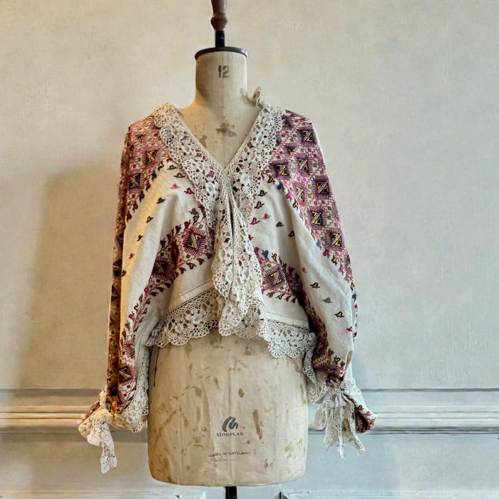 Claude, reworked antique Romanian embroidered and lace blouse