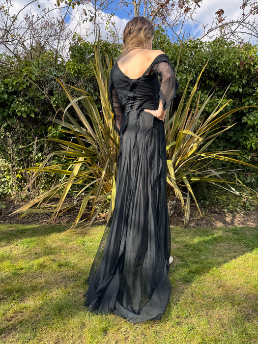 Stevie, 30s black net assymetric pleated gown