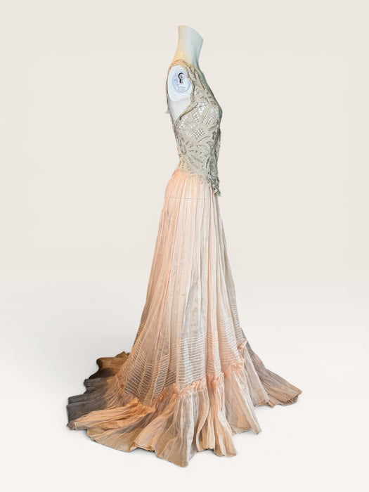 Rosa, reworked Victorian tape-work cream top and pink organza tiered skirt