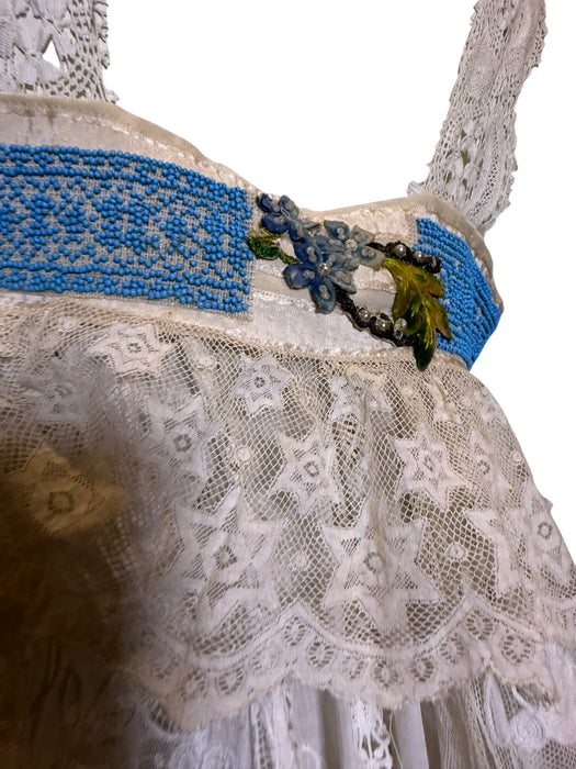 Roya, reworked Victorian lace dress with ribbon florals turquoise beading